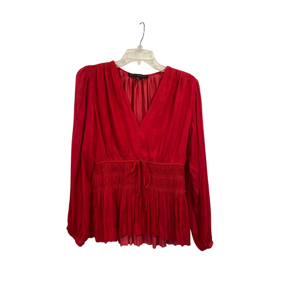White House Black Market Red Smocked Waist Peplum Blouse Long Sleeve V Neck S
